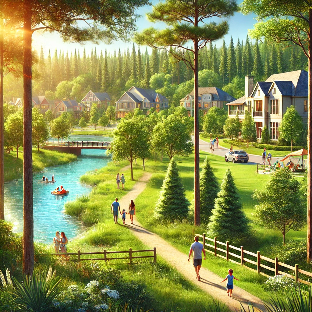 DALL·E 2025 01 09 07.15.48 A picturesque depiction of The Woodlands, Texas, showcasing its master planned community. The image features lush green spaces, a scenic hiking trail