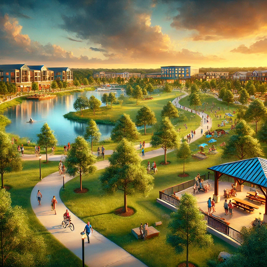 DALL·E 2025 02 19 07.07.45 A scenic view of Creekside Park in The Woodlands, Texas. The image features a lush green park with winding walking trails, tall trees, and a peaceful