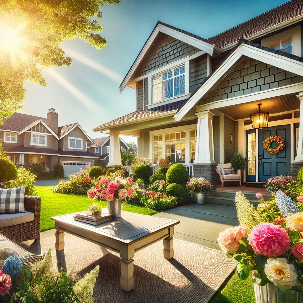 DALL·E 2025 03 05 06.00.58 A beautiful suburban home with a well manicured front yard, vibrant spring flowers, and a welcoming front porch. The sky is clear and bright, with sun